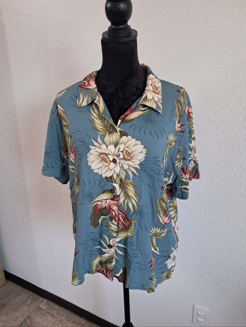 Iolani Hawaiian Shirt Men's XXL Blue Tropical Floral Button Up Silk Blend Collar